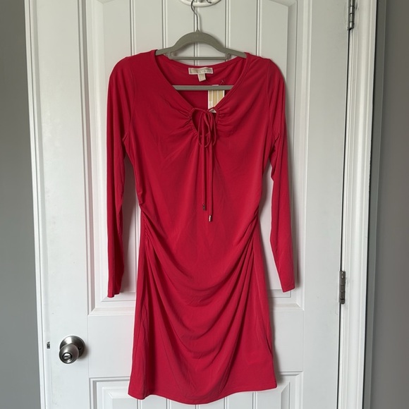 NWT!! Michael Kors - Coral - Ruched Halter Strap Long Sleeve Dress - Size Large - Picture 4 of 9